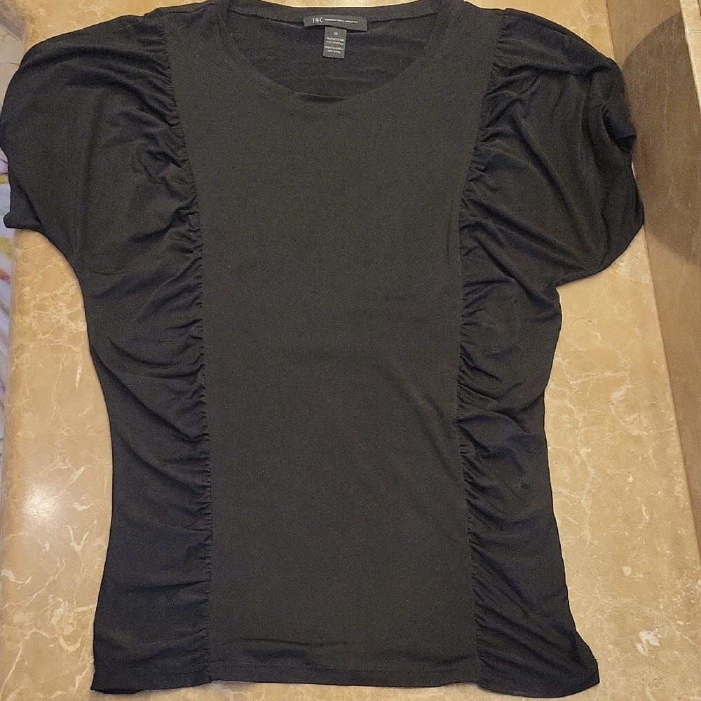 International Concepts Black Short- Sleeve Top w/ Elegant Ruched Side Panels, M